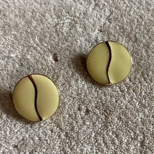 Vintage Enamel Cream Round Circle Post Earrings Gold